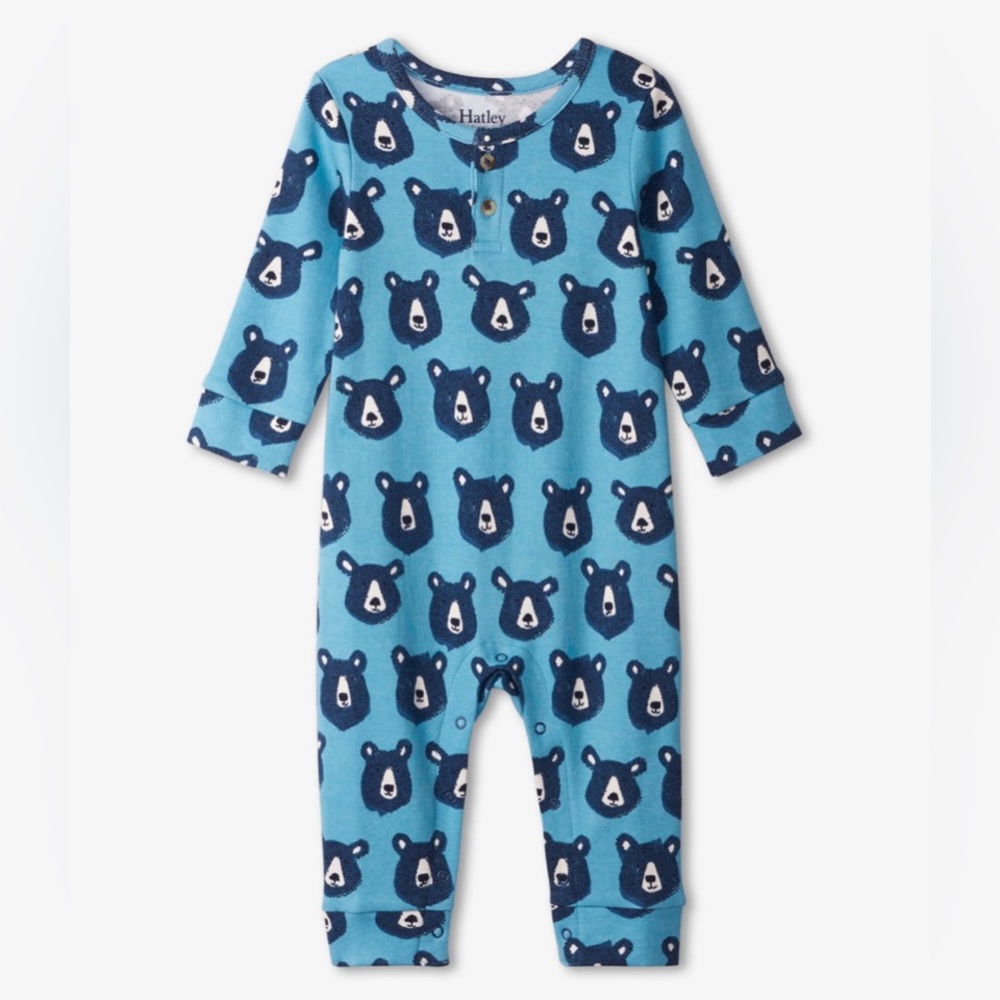 NWT Hatley Baby Boys Blue Bears Long Sleeve Henley Romper Coverall 6-9M